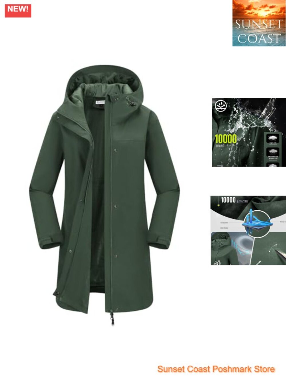 Women's Waterproof Long Rain Jacket with Hood TPU Seam-Sealed